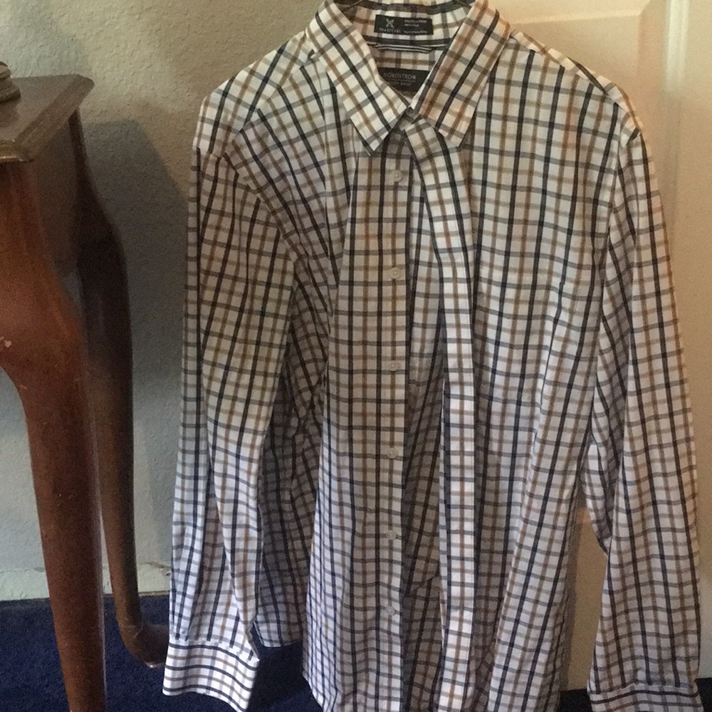 White, tan, blue plaid dress shirt